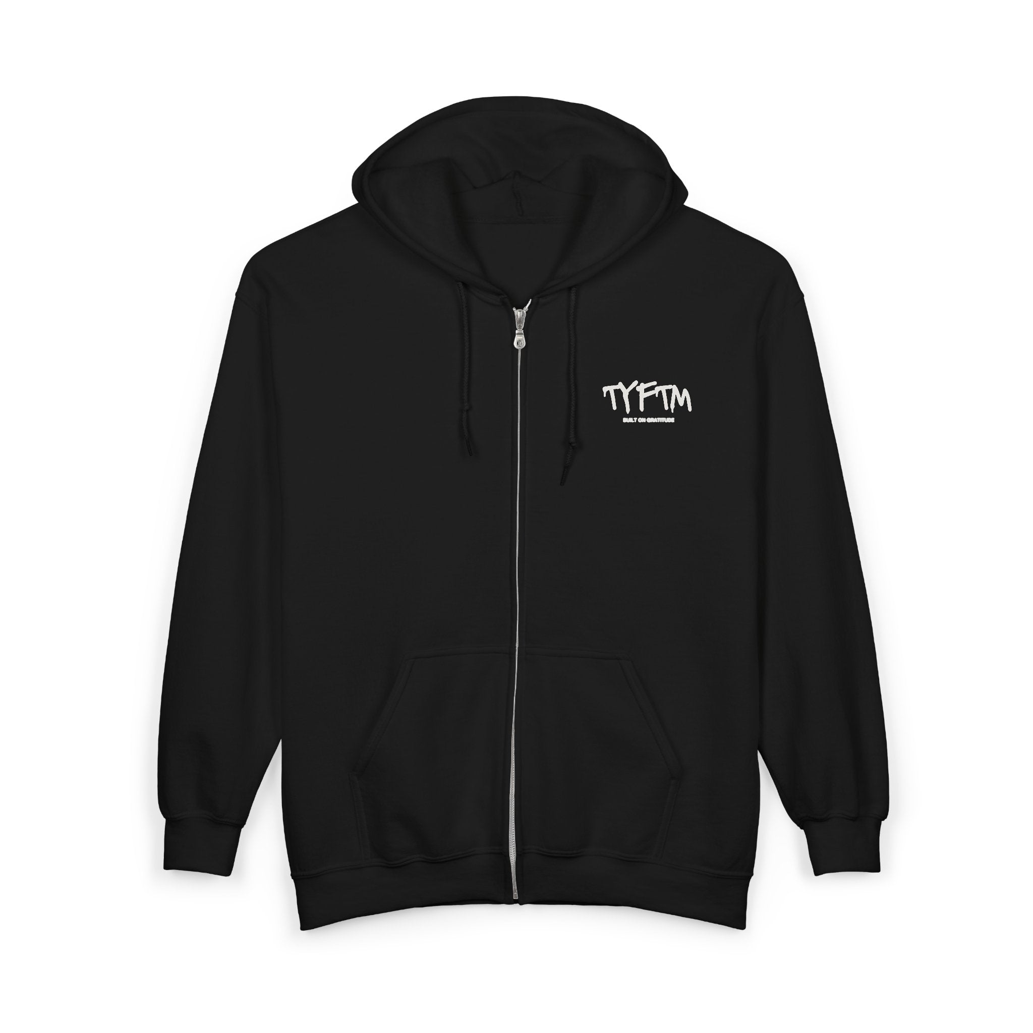 Full-Zip Hoodie — Minimal "TYFTM" Chest Logo, Black Zip-Up Sweatshirt