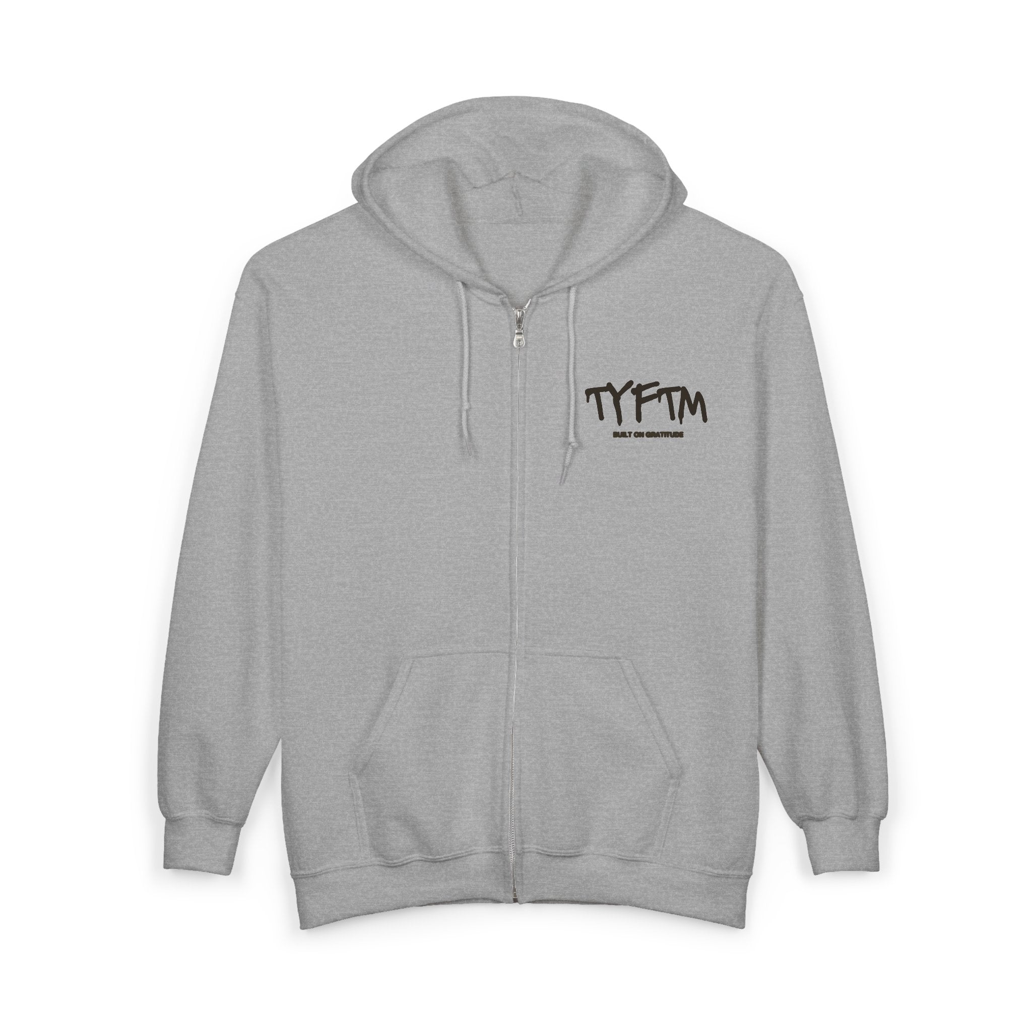 TYFTM Minimal Logo Zip Hoodie — Lightweight Grey Full-Zip Sweatshirt