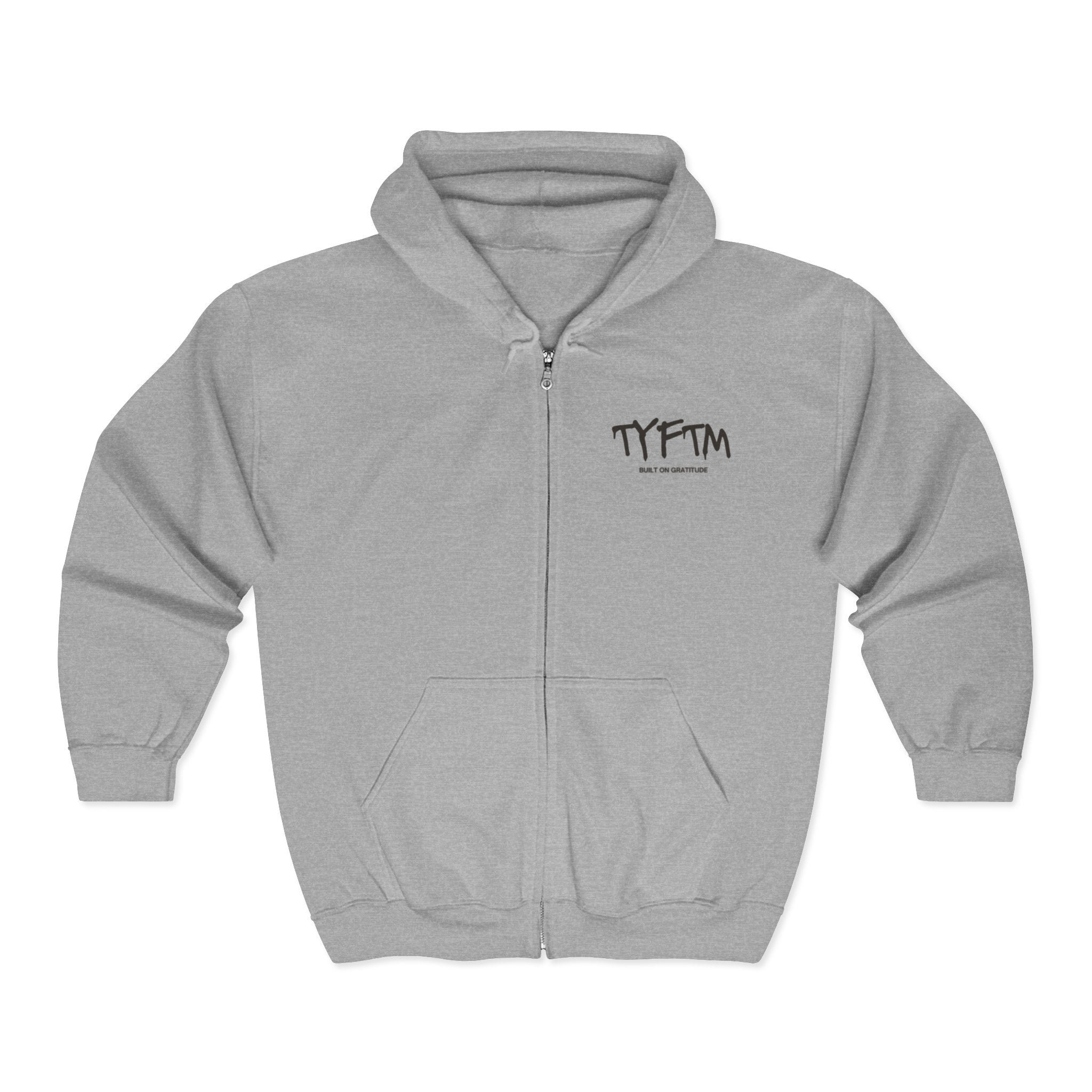 TYFTM Minimal Logo Zip Hoodie — Lightweight Grey Full-Zip Sweatshirt