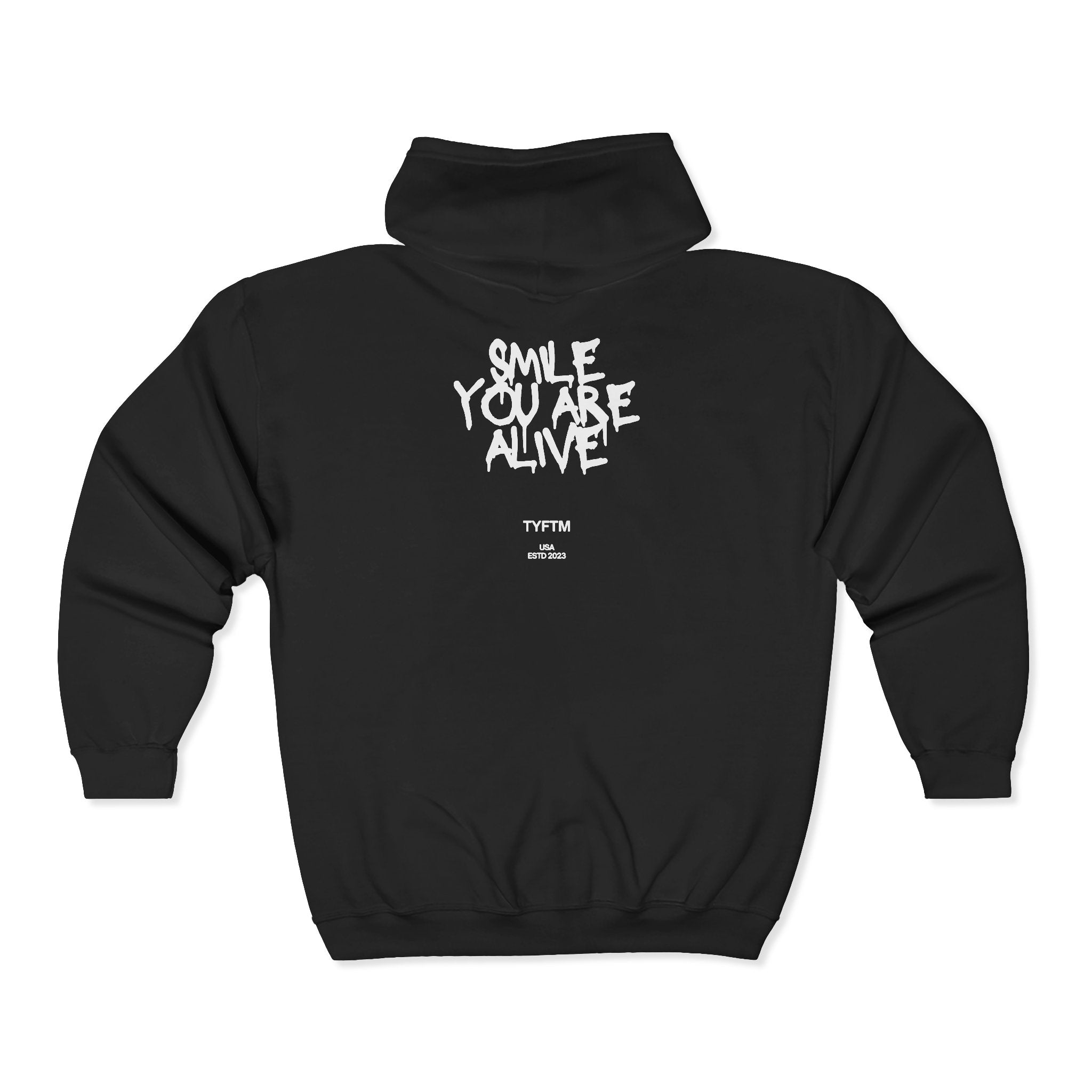 Smile You’re Alive Zip Hoodie — Black Full‑Zip Hooded Sweatshirt with Graffiti Logo