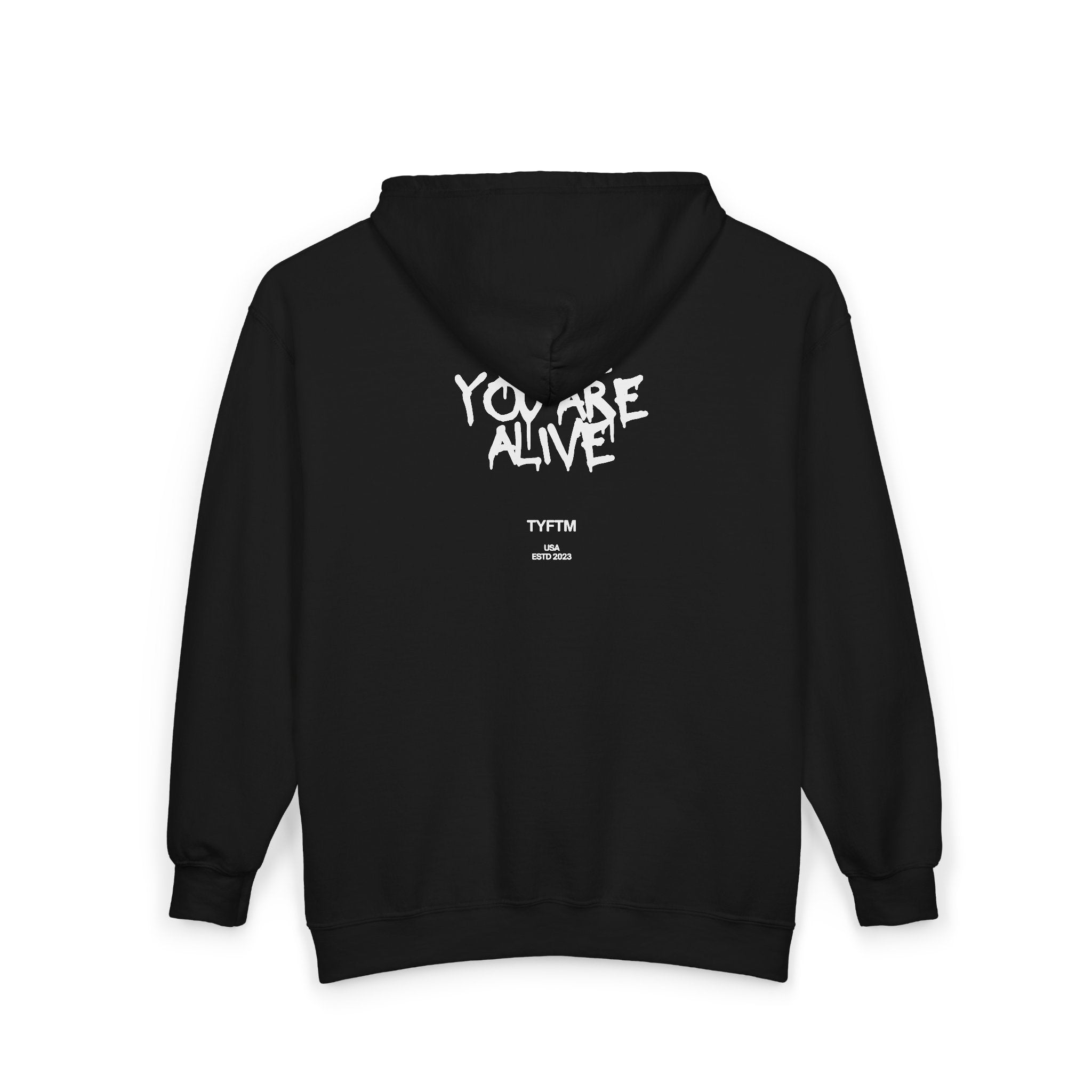 Smile You’re Alive Zip Hoodie — Black Full‑Zip Hooded Sweatshirt with Graffiti Logo