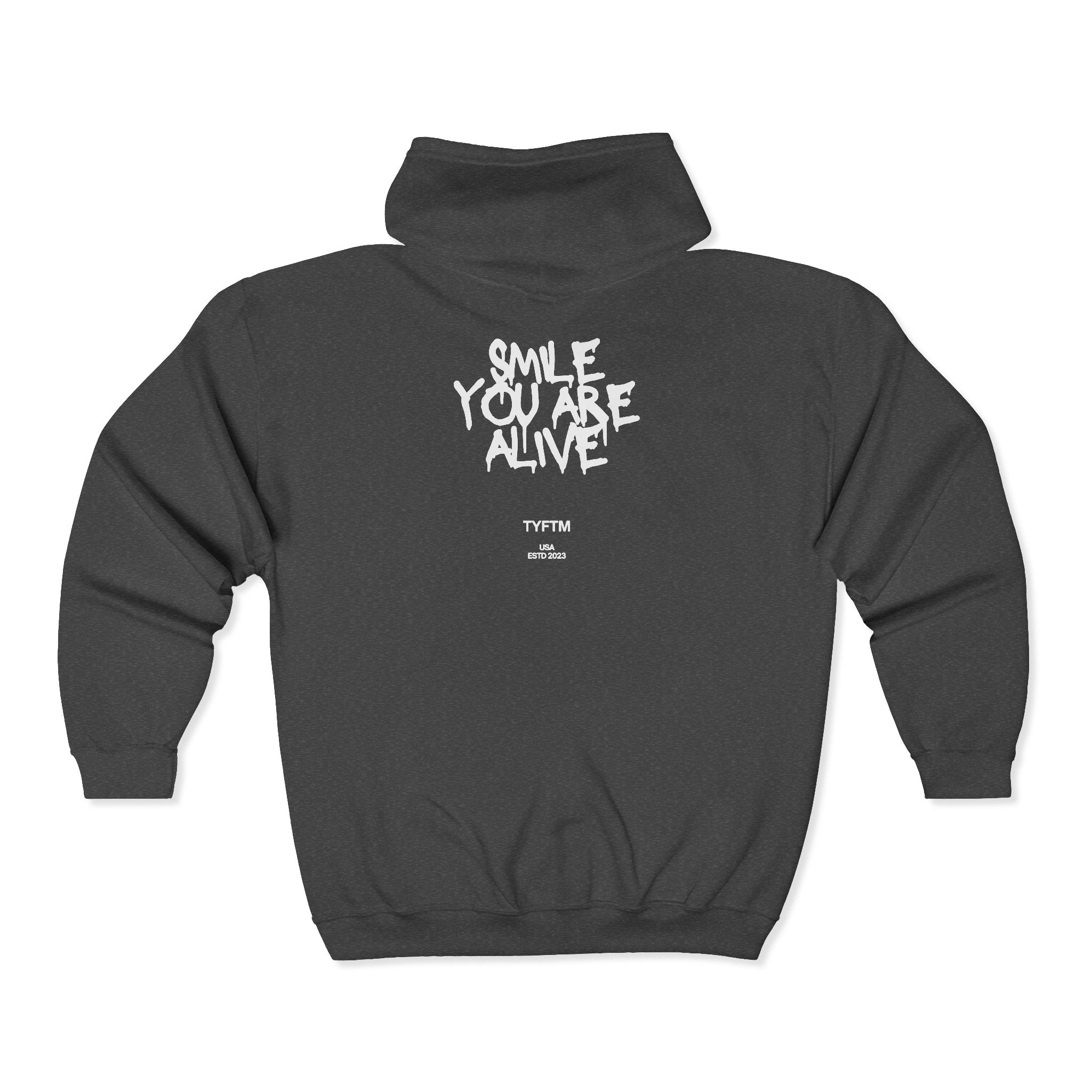 Smile You’re Alive Zip Hoodie — Black Full‑Zip Hooded Sweatshirt with Graffiti Logo